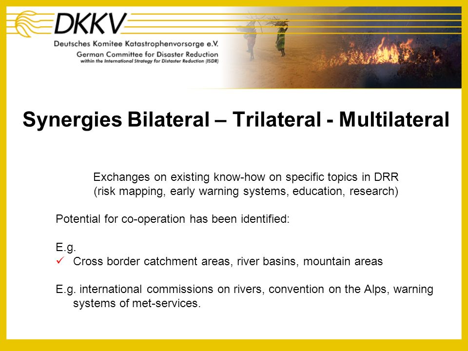 Synergies Bilateral – Trilateral - Multilateral Exchanges on existing know-how on specific topics in DRR (risk mapping, early warning systems, education, research) Potential for co-operation has been identified: E.g.