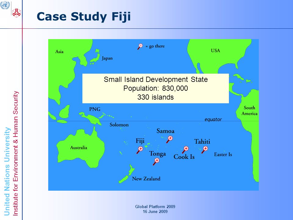 United Nations University Institute for Environment & Human Security Case Study Fiji Global Platform June 2009 Small Island Development State Population: 830, islands