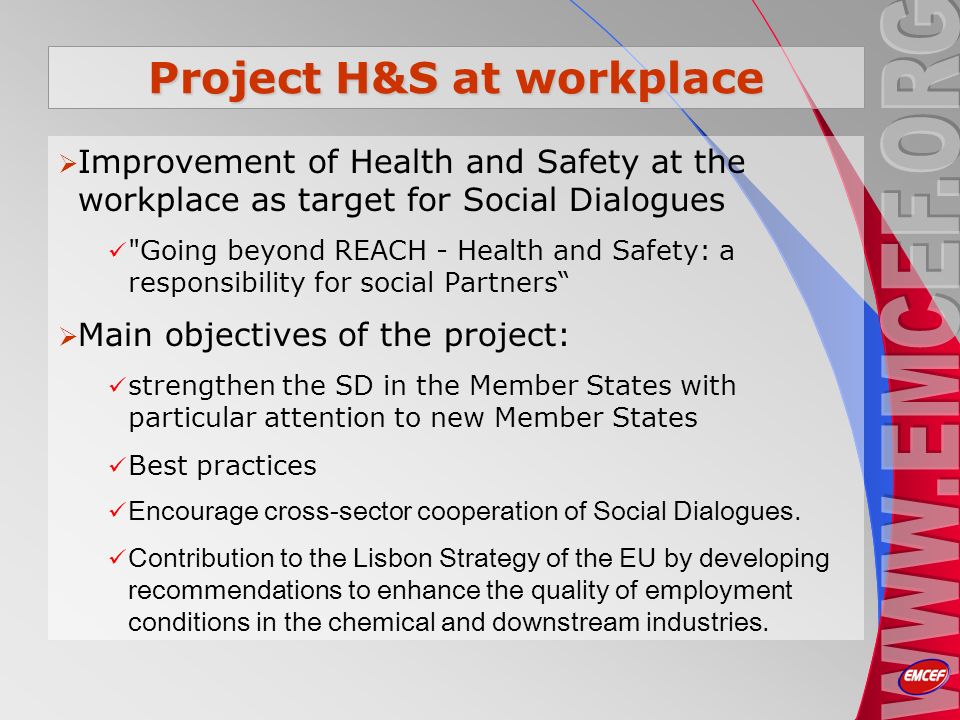 Project H&S at workplace Improvement of Health and Safety at the workplace as target for Social Dialogues Going beyond REACH - Health and Safety: a responsibility for social Partners Main objectives of the project: strengthen the SD in the Member States with particular attention to new Member States Best practices Encourage cross-sector cooperation of Social Dialogues.