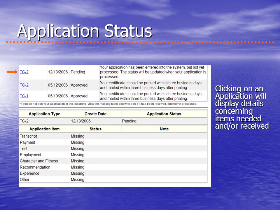 Application Status Clicking on an Application will display details concerning items needed and/or received