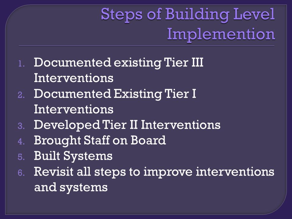 1. Documented existing Tier III Interventions 2. Documented Existing Tier I Interventions 3.