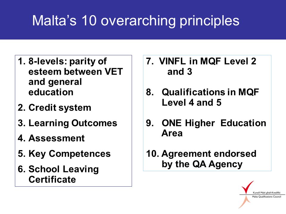 1.8-levels: parity of esteem between VET and general education 2.Credit system 3.Learning Outcomes 4.Assessment 5.Key Competences 6.School Leaving Certificate 7.