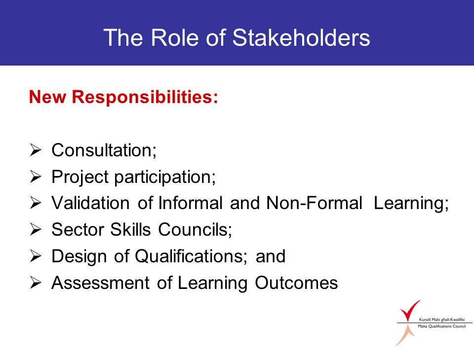 The Role of Stakeholders New Responsibilities: Consultation; Project participation; Validation of Informal and Non-Formal Learning; Sector Skills Councils; Design of Qualifications; and Assessment of Learning Outcomes