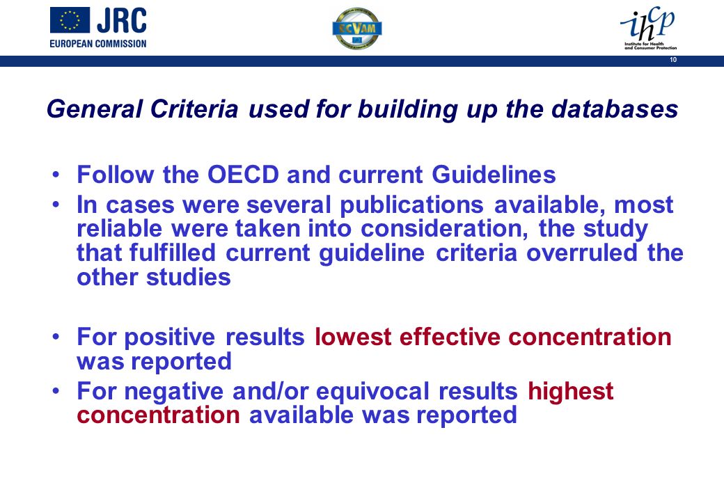 10 General Criteria used for building up the databases Follow the OECD and current Guidelines In cases were several publications available, most reliable were taken into consideration, the study that fulfilled current guideline criteria overruled the other studies For positive results lowest effective concentration was reported For negative and/or equivocal results highest concentration available was reported