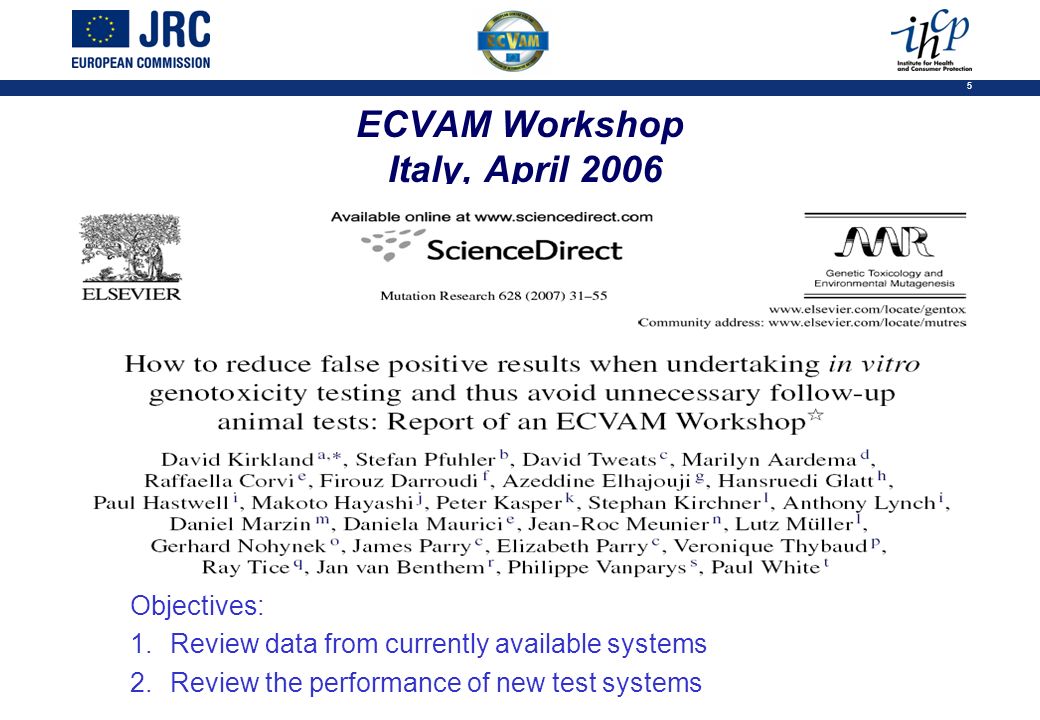 5 ECVAM Workshop Italy, April 2006 Objectives: 1.Review data from currently available systems 2.Review the performance of new test systems