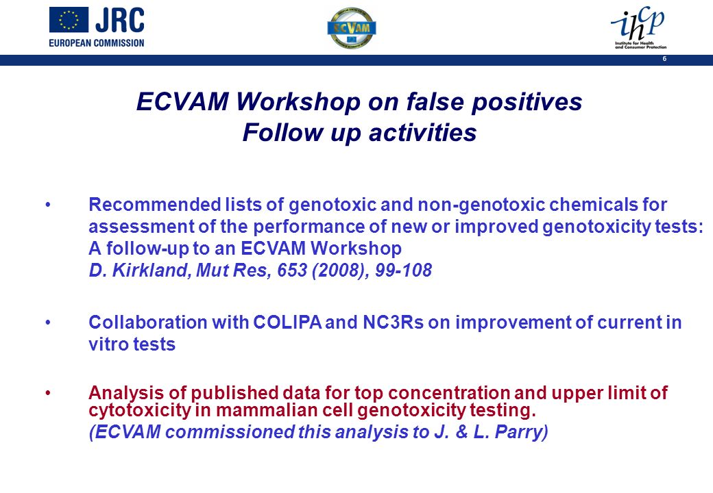 6 ECVAM Workshop on false positives Follow up activities Recommended lists of genotoxic and non-genotoxic chemicals for assessment of the performance of new or improved genotoxicity tests: A follow-up to an ECVAM Workshop D.