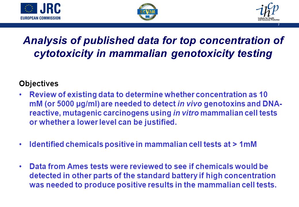 7 Analysis of published data for top concentration of cytotoxicity in mammalian genotoxicity testing Objectives Review of existing data to determine whether concentration as 10 mM (or 5000 µg/ml) are needed to detect in vivo genotoxins and DNA- reactive, mutagenic carcinogens using in vitro mammalian cell tests or whether a lower level can be justified.