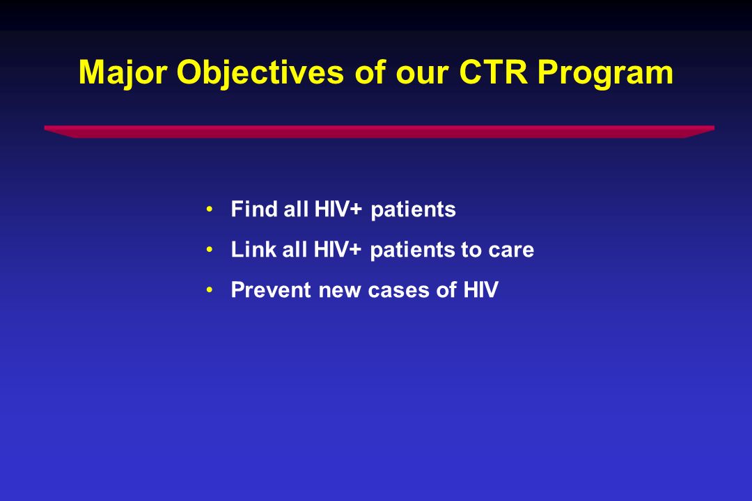 Major Objectives of our CTR Program Find all HIV+ patients Link all HIV+ patients to care Prevent new cases of HIV