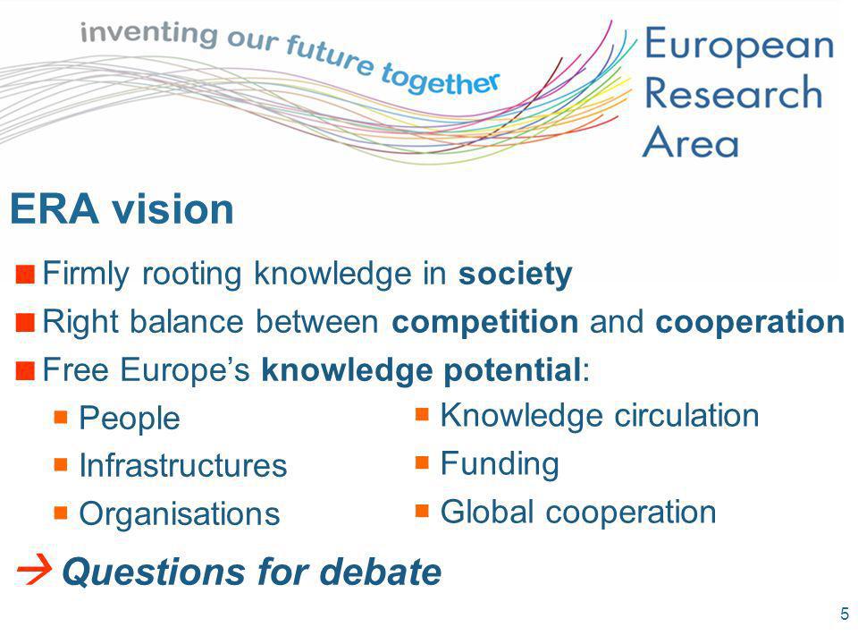 5 ERA vision Firmly rooting knowledge in society Right balance between competition and cooperation Free Europes knowledge potential: People Infrastructures Organisations Questions for debate Knowledge circulation Funding Global cooperation