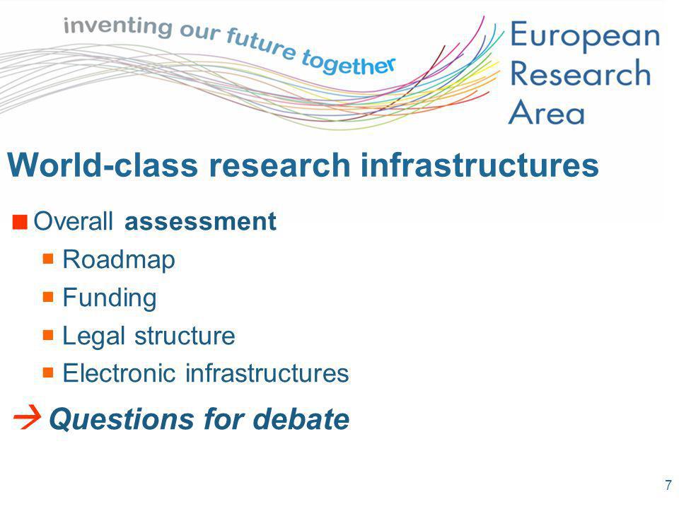 7 World-class research infrastructures Overall assessment Roadmap Funding Legal structure Electronic infrastructures Questions for debate
