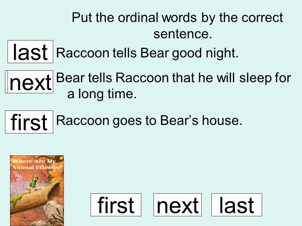 Put the ordinal words by the correct sentence. Raccoon tells Bear good night.