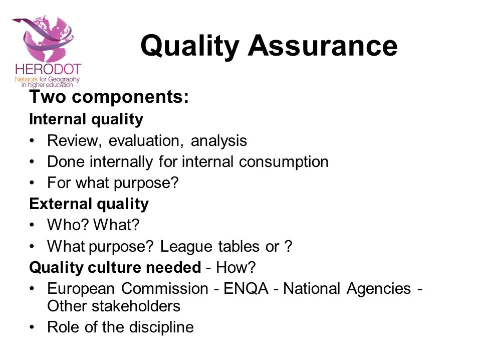 Quality Assurance Two components: Internal quality Review, evaluation, analysis Done internally for internal consumption For what purpose.