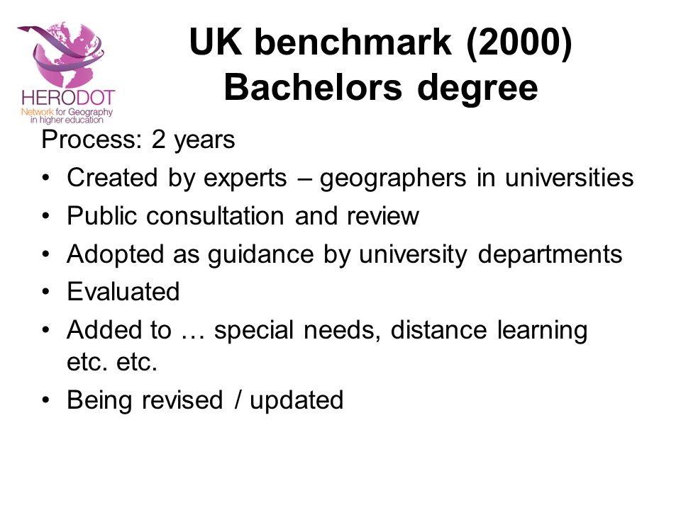 UK benchmark (2000) Bachelors degree Process: 2 years Created by experts – geographers in universities Public consultation and review Adopted as guidance by university departments Evaluated Added to … special needs, distance learning etc.