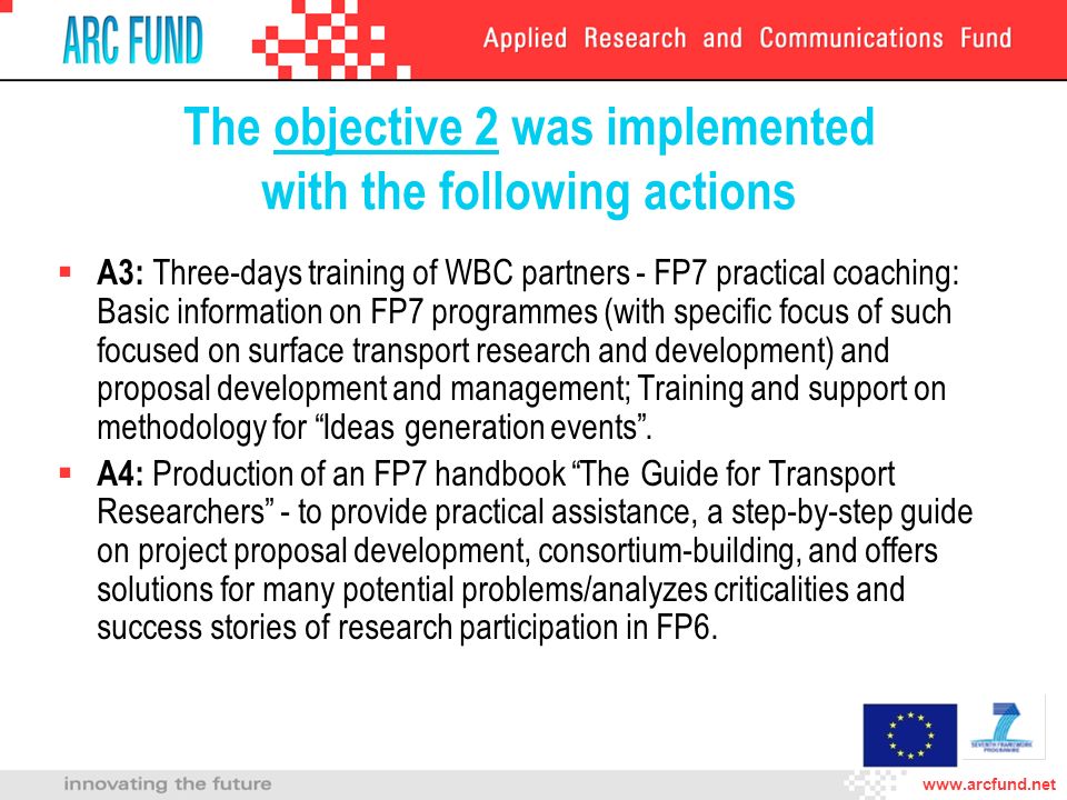 The objective 2 was implemented with the following actions A3: Three-days training of WBC partners - FP7 practical coaching: Basic information on FP7 programmes (with specific focus of such focused on surface transport research and development) and proposal development and management; Training and support on methodology for Ideas generation events.