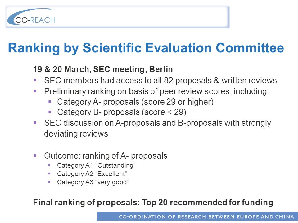 Ranking by Scientific Evaluation Committee 19 & 20 March, SEC meeting, Berlin SEC members had access to all 82 proposals & written reviews Preliminary ranking on basis of peer review scores, including: Category A- proposals (score 29 or higher) Category B- proposals (score < 29) SEC discussion on A-proposals and B-proposals with strongly deviating reviews Outcome: ranking of A- proposals Category A1 Outstanding Category A2 Excellent Category A3 very good Final ranking of proposals: Top 20 recommended for funding