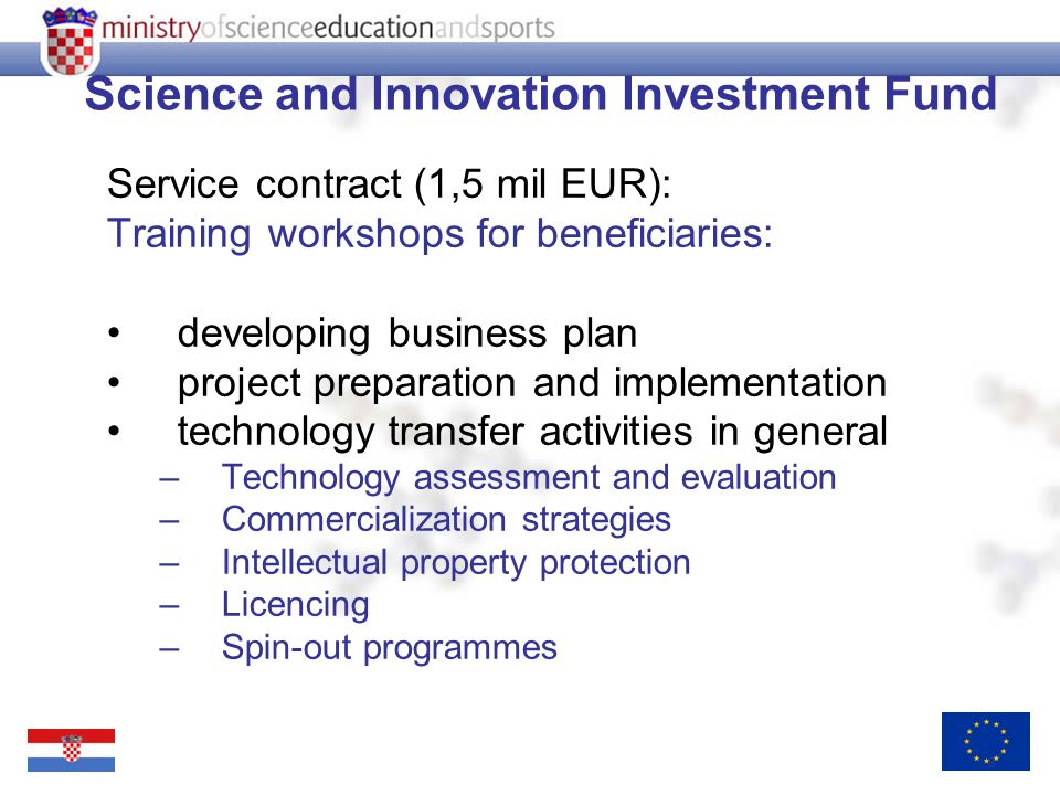 8 Science and Innovation Investment Fund Service contract (1,5 mil EUR): Training workshops for beneficiaries: developing business plan project preparation and implementation technology transfer activities in general –Technology assessment and evaluation –Commercialization strategies –Intellectual property protection –Licencing –Spin-out programmes