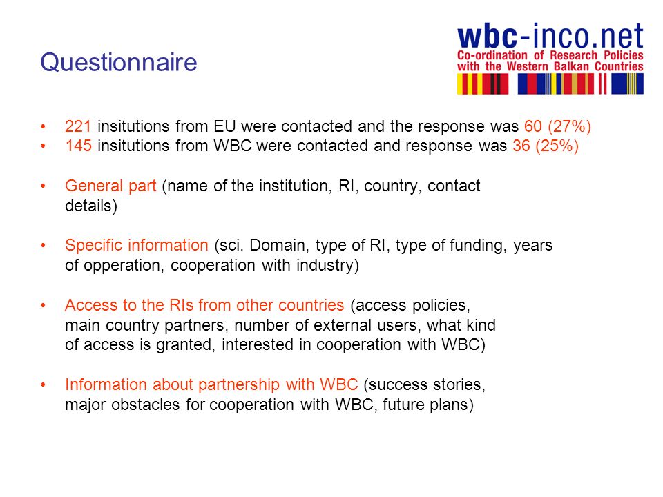 Questionnaire 221 insitutions from EU were contacted and the response was 60 (27%) 145 insitutions from WBC were contacted and response was 36 (25%) General part (name of the institution, RI, country, contact details) Specific information (sci.