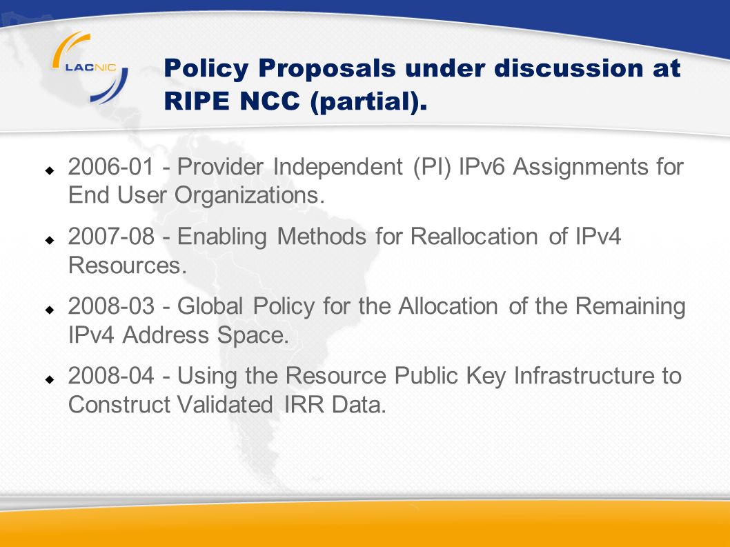 Policy Proposals under discussion at RIPE NCC (partial).