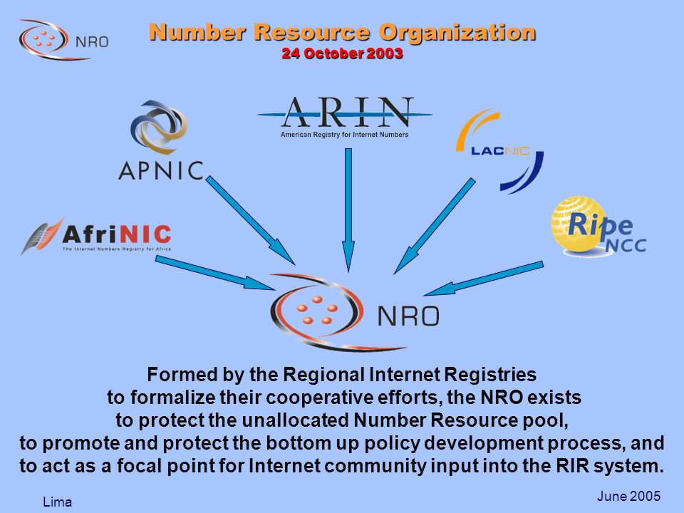 Lima June 2005 Formed by the Regional Internet Registries to formalize their cooperative efforts, the NRO exists to protect the unallocated Number Resource pool, to promote and protect the bottom up policy development process, and to act as a focal point for Internet community input into the RIR system.