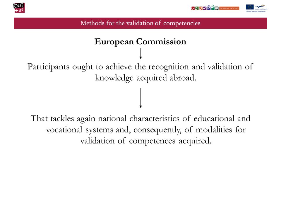 Methods for the validation of competencies European Commission Participants ought to achieve the recognition and validation of knowledge acquired abroad.