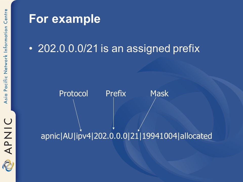 For example /21 is an assigned prefix apnic|AU|ipv4| |21| |allocated ProtocolPrefixMask