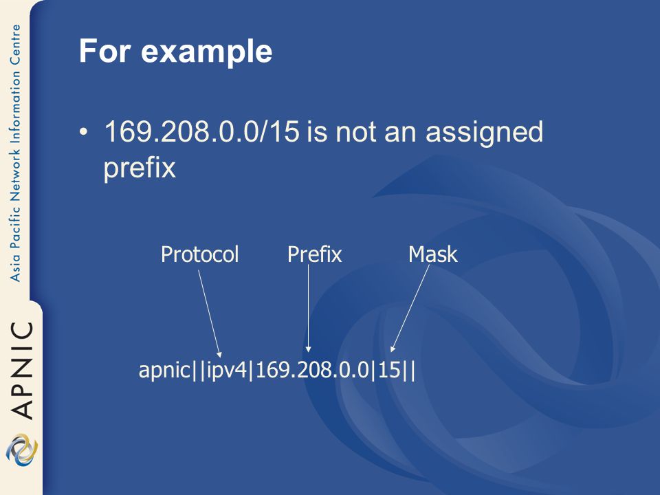 For example /15 is not an assigned prefix apnic||ipv4| |15|| ProtocolPrefixMask