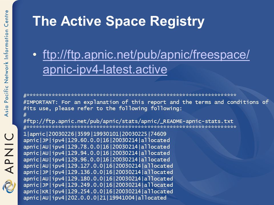 The Active Space Registry ftp://ftp.apnic.net/pub/apnic/freespace/ apnic-ipv4-latest.activeftp://ftp.apnic.net/pub/apnic/freespace/ apnic-ipv4-latest.active #****************************************************************** #IMPORTANT: For an explanation of this report and the terms and conditions of #its use, please refer to the following following: # #ftp://ftp.apnic.net/pub/apnic/stats/apnic/_README-apnic-stats.txt #****************************************************************** 1|apnic| |3599| | |74609 apnic|JP|ipv4| |16| |allocated apnic|AU|ipv4| |16| |allocated apnic|AU|ipv4| |16| |allocated apnic|AU|ipv4| |16| |allocated apnic|AU|ipv4| |16| |allocated apnic|JP|ipv4| |16| |allocated apnic|AU|ipv4| |16| |allocated apnic|JP|ipv4| |16| |allocated apnic|KR|ipv4| |16| |allocated apnic|AU|ipv4| |21| |allocated