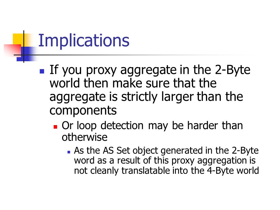Implications If you proxy aggregate in the 2-Byte world then make sure that the aggregate is strictly larger than the components Or loop detection may be harder than otherwise As the AS Set object generated in the 2-Byte word as a result of this proxy aggregation is not cleanly translatable into the 4-Byte world