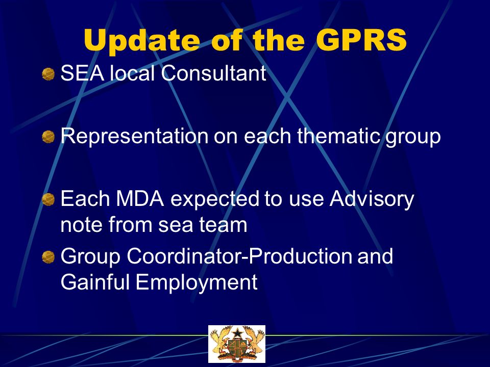 Update of the GPRS SEA local Consultant Representation on each thematic group Each MDA expected to use Advisory note from sea team Group Coordinator-Production and Gainful Employment