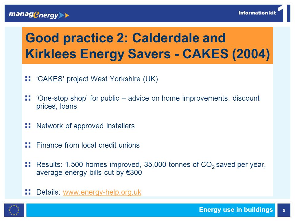 9 1 Energy use in buildings Good practice 2: Calderdale and Kirklees Energy Savers - CAKES (2004) CAKES project West Yorkshire (UK) One-stop shop for public – advice on home improvements, discount prices, loans Network of approved installers Finance from local credit unions Results: 1,500 homes improved, 35,000 tonnes of CO 2 saved per year, average energy bills cut by 300 Details: