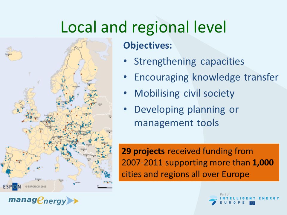 Local and regional level Objectives: Strengthening capacities Encouraging knowledge transfer Mobilising civil society Developing planning or management tools 29 projects received funding from supporting more than 1,000 cities and regions all over Europe