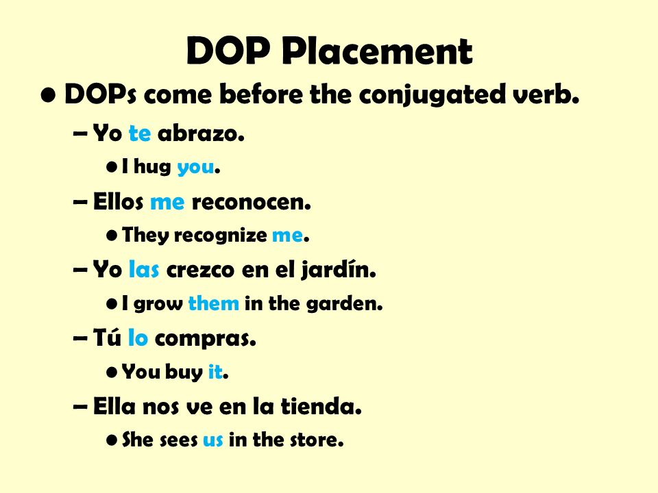 DOP Placement DOPs come before the conjugated verb.