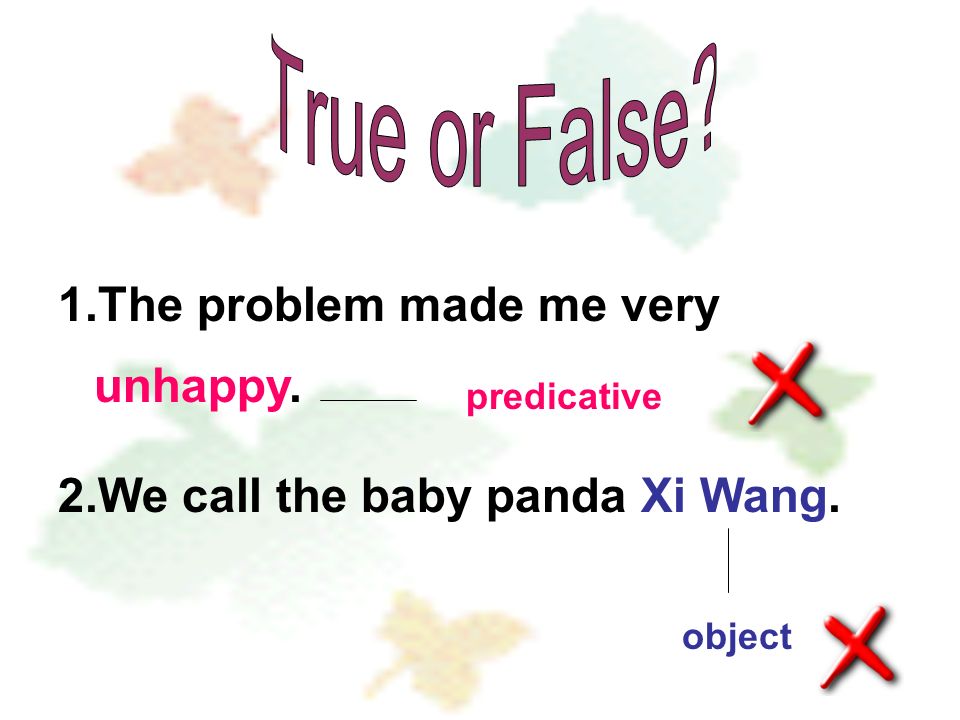 1.The problem made me very unhappy. 2.We call the baby panda Xi Wang. predicative object