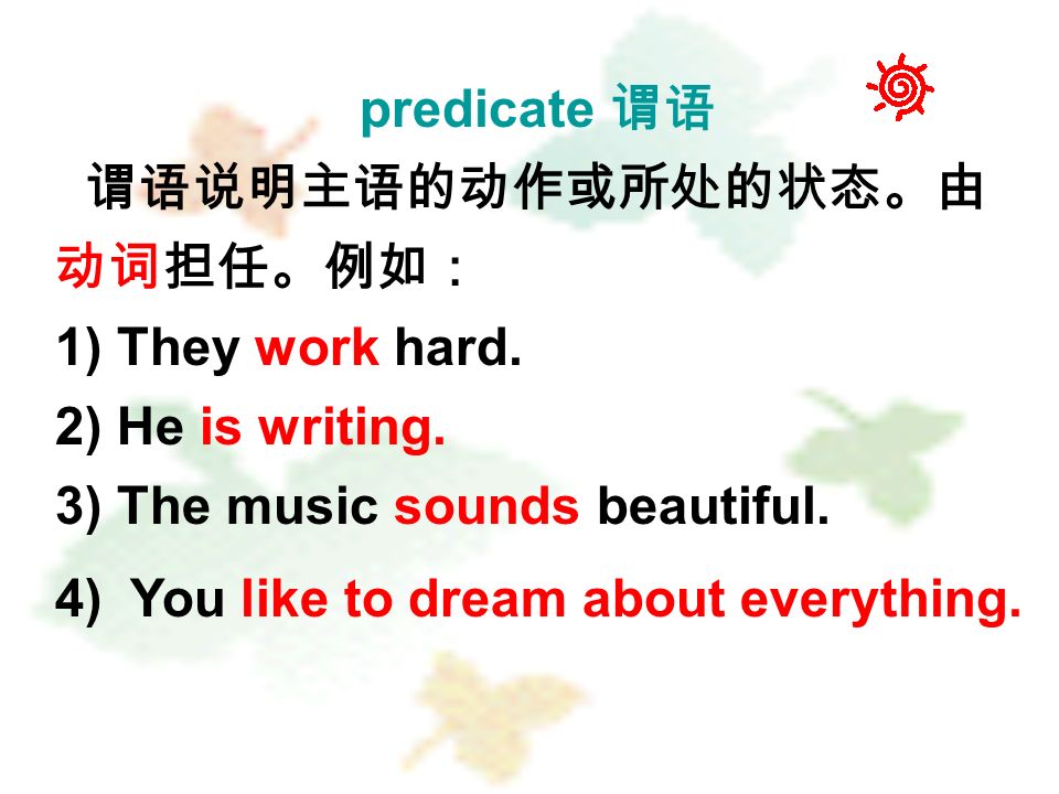predicate 1) They work hard. 2) He is writing. 3) The music sounds beautiful.