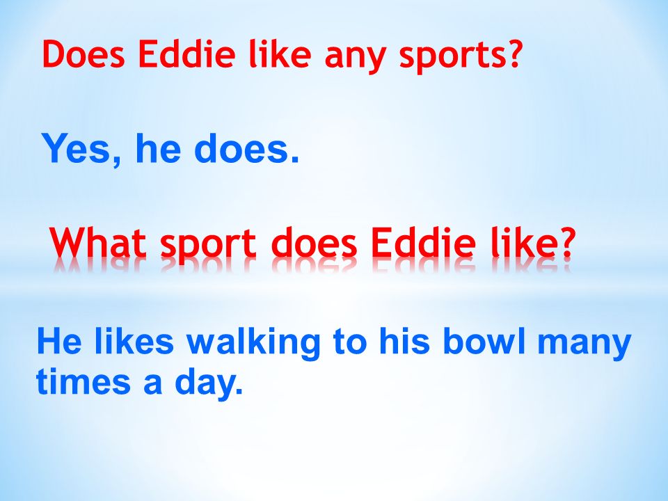 Does Eddie like any sports Yes, he does. He likes walking to his bowl many times a day.