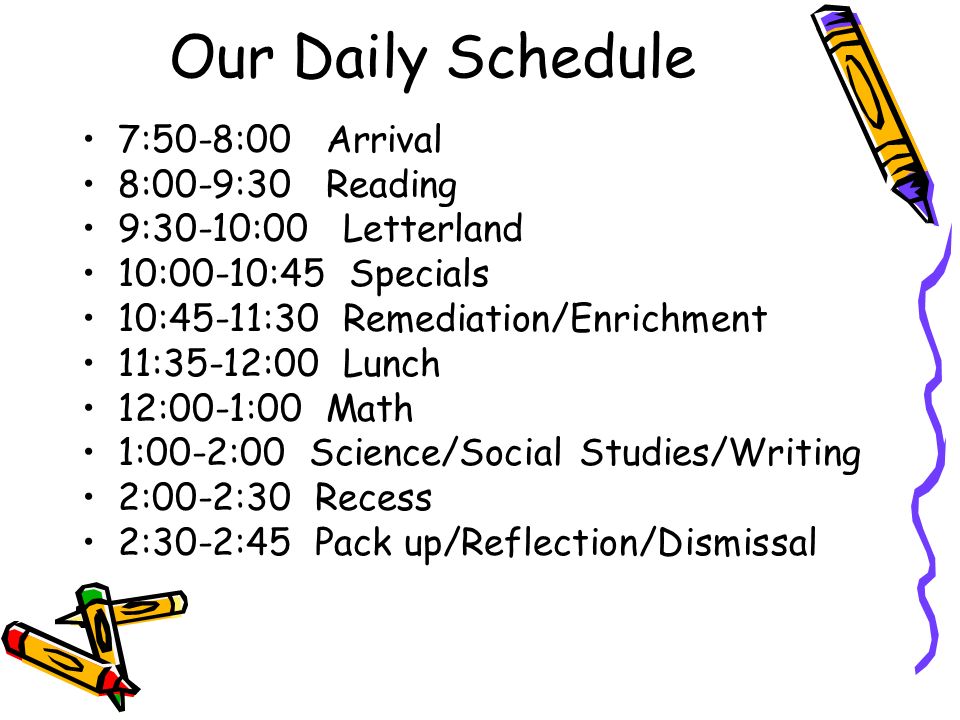 Our Daily Schedule 7:50-8:00 Arrival 8:00-9:30 Reading 9:30-10:00 Letterland 10:00-10:45 Specials 10:45-11:30 Remediation/Enrichment 11:35-12:00 Lunch 12:00-1:00 Math 1:00-2:00 Science/Social Studies/Writing 2:00-2:30 Recess 2:30-2:45 Pack up/Reflection/Dismissal