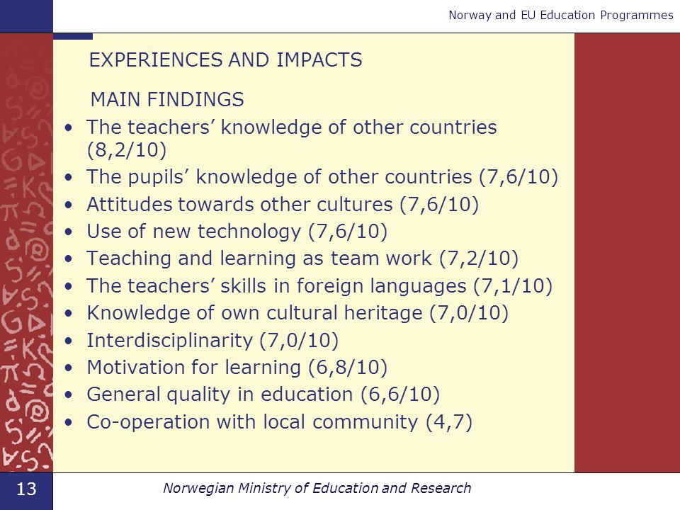 13 Norwegian Ministry of Education and Research Norway and EU Education Programmes EXPERIENCES AND IMPACTS MAIN FINDINGS The teachers knowledge of other countries (8,2/10) The pupils knowledge of other countries (7,6/10) Attitudes towards other cultures (7,6/10) Use of new technology (7,6/10) Teaching and learning as team work (7,2/10) The teachers skills in foreign languages (7,1/10) Knowledge of own cultural heritage (7,0/10) Interdisciplinarity (7,0/10) Motivation for learning (6,8/10) General quality in education (6,6/10) Co-operation with local community (4,7)
