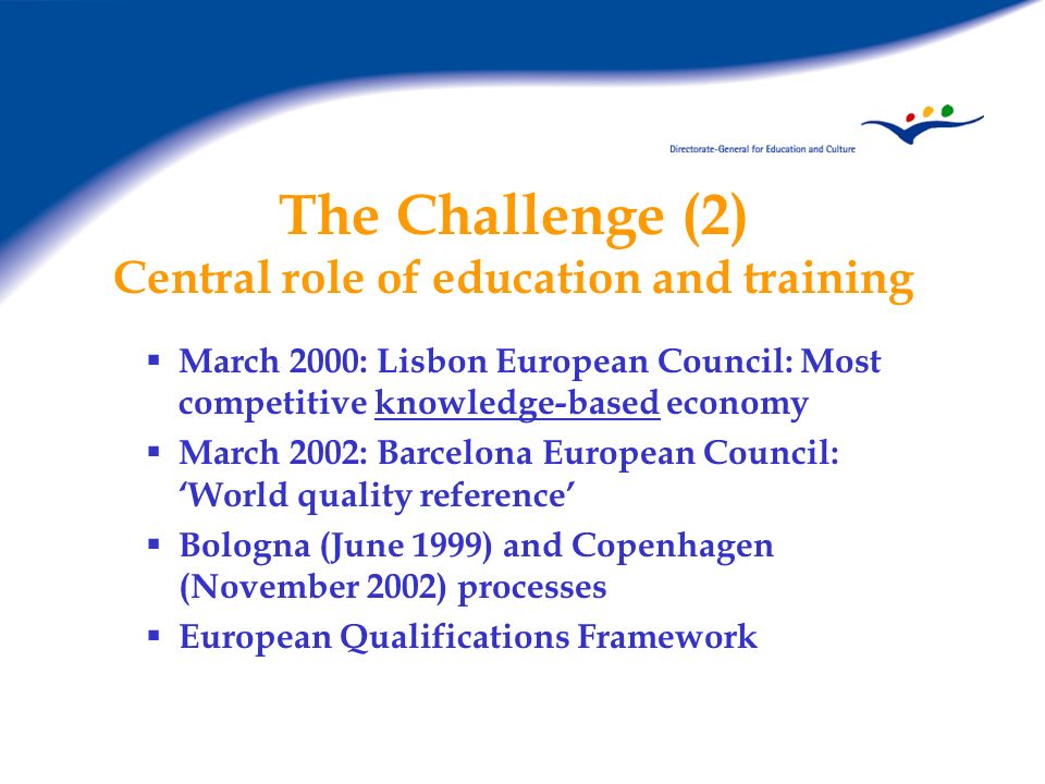 The Challenge (2) Central role of education and training March 2000: Lisbon European Council: Most competitive knowledge-based economy March 2002: Barcelona European Council: World quality reference Bologna (June 1999) and Copenhagen (November 2002) processes European Qualifications Framework