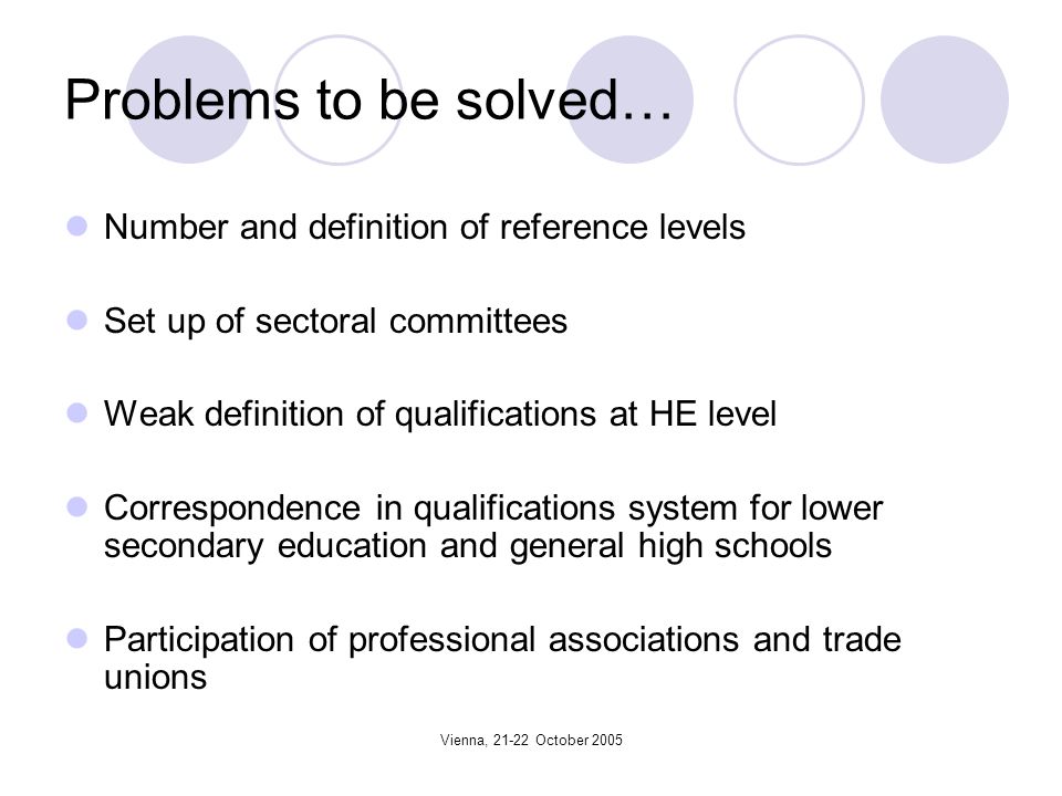 Vienna, October 2005 Problems to be solved… Number and definition of reference levels Set up of sectoral committees Weak definition of qualifications at HE level Correspondence in qualifications system for lower secondary education and general high schools Participation of professional associations and trade unions