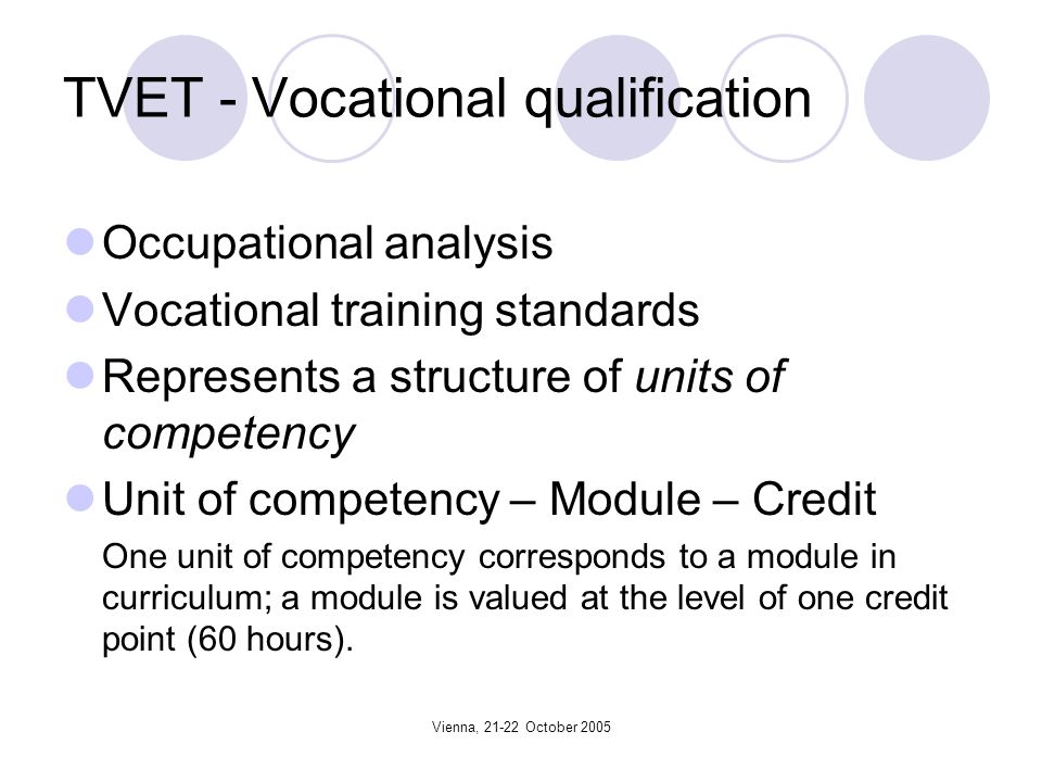 Vienna, October 2005 TVET - Vocational qualification Occupational analysis Vocational training standards Represents a structure of units of competency Unit of competency – Module – Credit One unit of competency corresponds to a module in curriculum; a module is valued at the level of one credit point (60 hours).