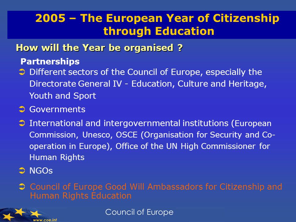 2005 – The European Year of Citizenship through Education How will the Year be organised .
