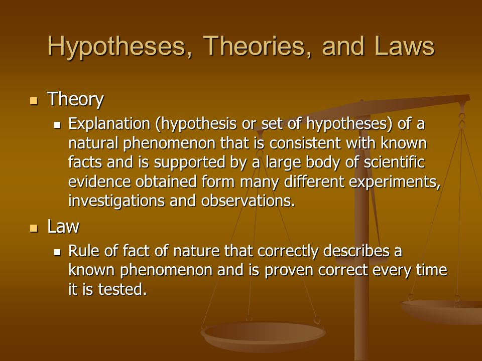 Hypotheses, Theories, and Laws Theory Theory Explanation (hypothesis or set of hypotheses) of a natural phenomenon that is consistent with known facts and is supported by a large body of scientific evidence obtained form many different experiments, investigations and observations.