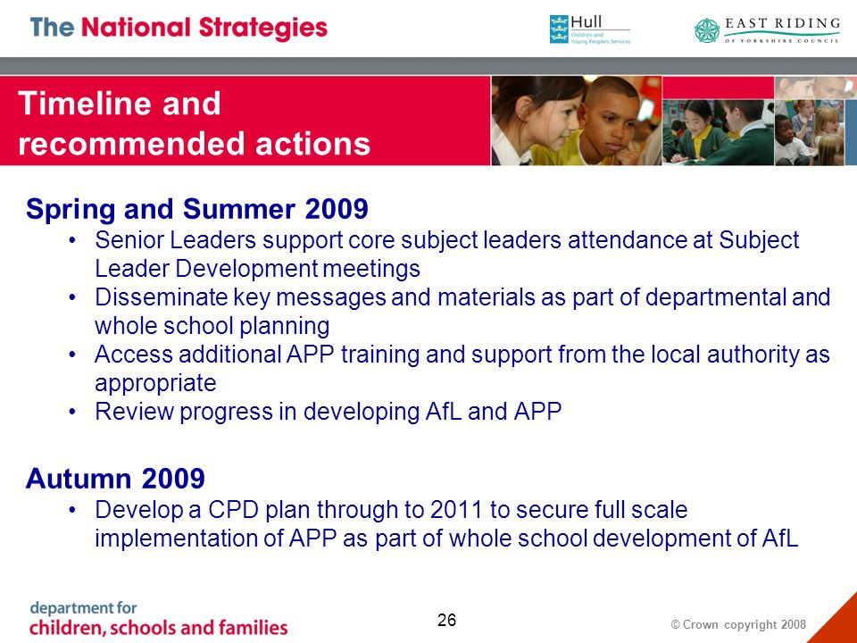 © Crown copyright Timeline and recommended actions Spring and Summer 2009 Senior Leaders support core subject leaders attendance at Subject Leader Development meetings Disseminate key messages and materials as part of departmental and whole school planning Access additional APP training and support from the local authority as appropriate Review progress in developing AfL and APP Autumn 2009 Develop a CPD plan through to 2011 to secure full scale implementation of APP as part of whole school development of AfL