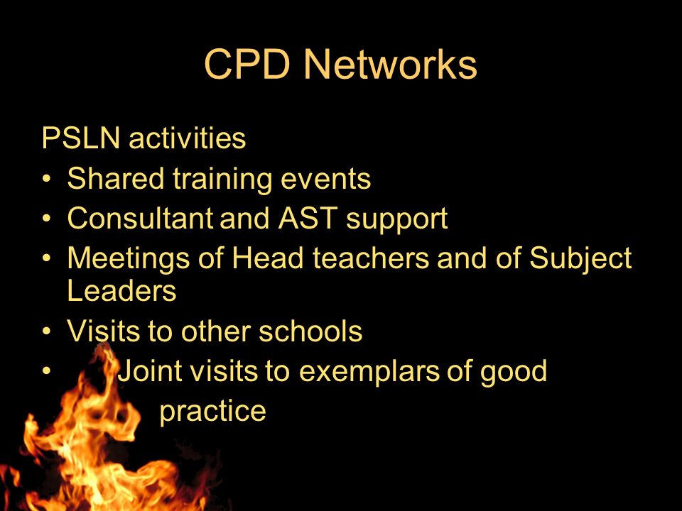 CPD Networks PSLN activities Shared training events Consultant and AST support Meetings of Head teachers and of Subject Leaders Visits to other schools Joint visits to exemplars of good practice