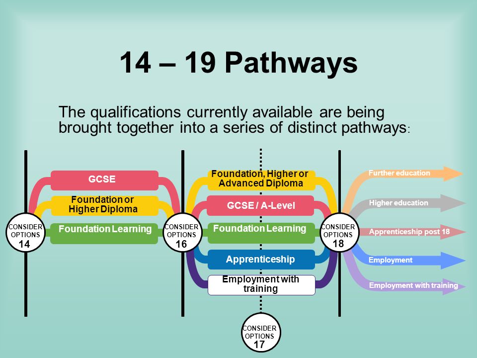 14 – 19 Pathways The qualifications currently available are being brought together into a series of distinct pathways : CONSIDER OPTIONS 17 GCSE Foundation Learning Apprenticeship Foundation or Higher Diploma Foundation Learning Foundation, Higher or Advanced Diploma GCSE / A-Level Employment with training CONSIDER OPTIONS 16 CONSIDER OPTIONS 14 Further education Higher education Employment Employment with training Apprenticeship post 18 CONSIDER OPTIONS 18