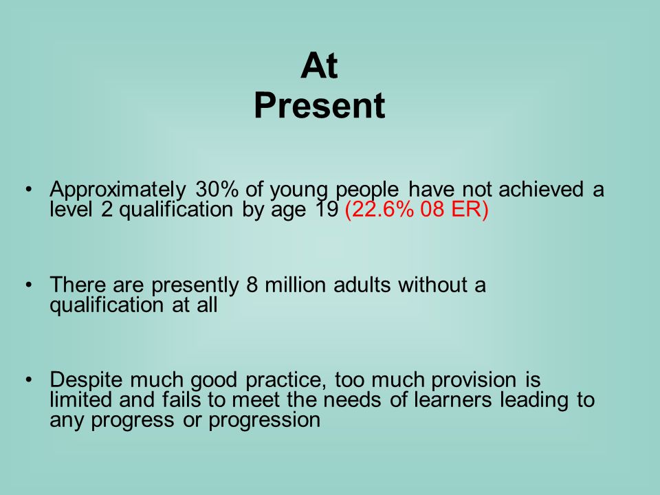 Approximately 30% of young people have not achieved a level 2 qualification by age 19 (22.6% 08 ER) There are presently 8 million adults without a qualification at all Despite much good practice, too much provision is limited and fails to meet the needs of learners leading to any progress or progression At Present