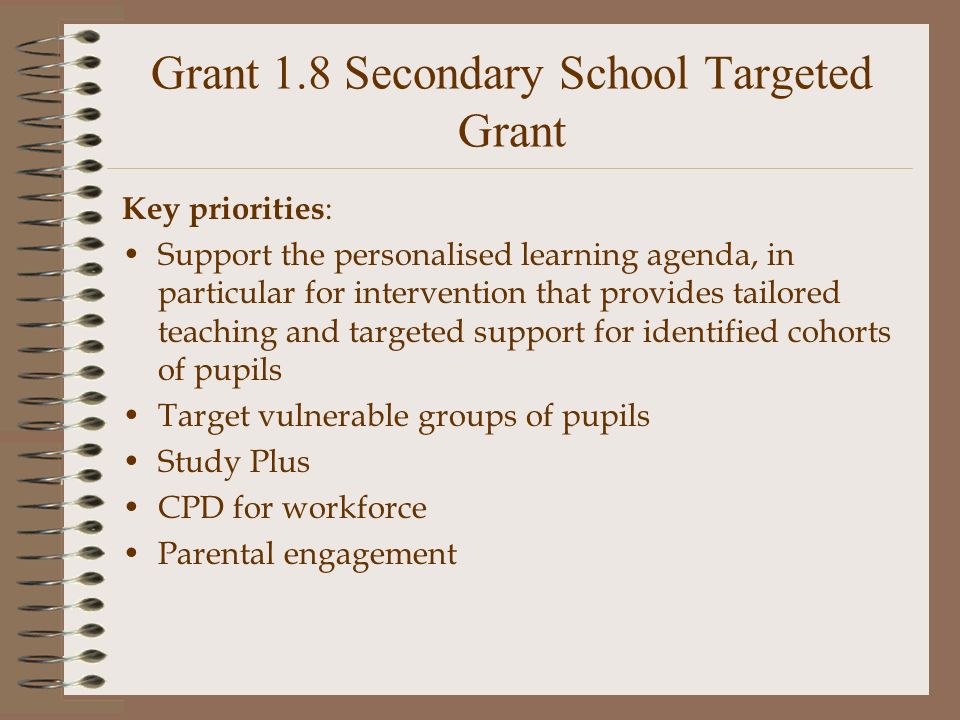 Grant 1.8 Secondary School Targeted Grant Key priorities : Support the personalised learning agenda, in particular for intervention that provides tailored teaching and targeted support for identified cohorts of pupils Target vulnerable groups of pupils Study Plus CPD for workforce Parental engagement