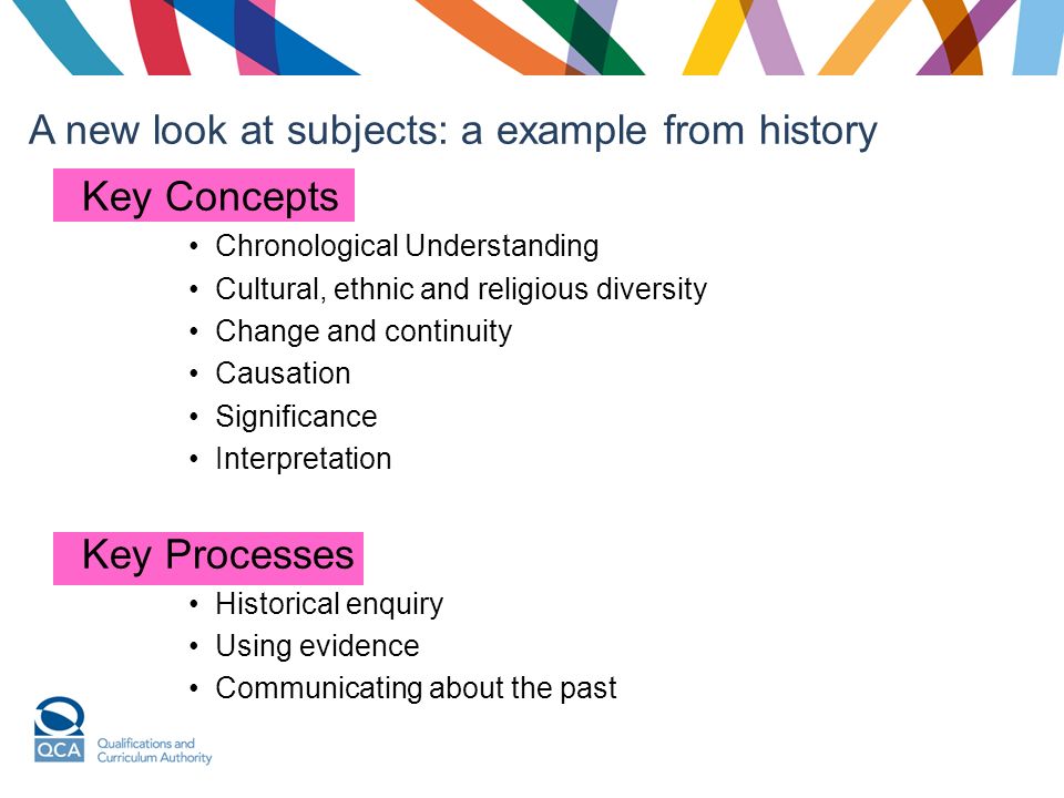 Key Concepts Chronological Understanding Cultural, ethnic and religious diversity Change and continuity Causation Significance Interpretation Key Processes Historical enquiry Using evidence Communicating about the past A new look at subjects: a example from history