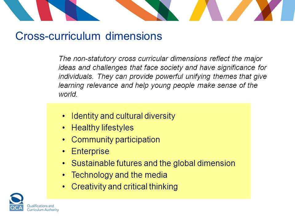 Cross-curriculum dimensions The non-statutory cross curricular dimensions reflect the major ideas and challenges that face society and have significance for individuals.