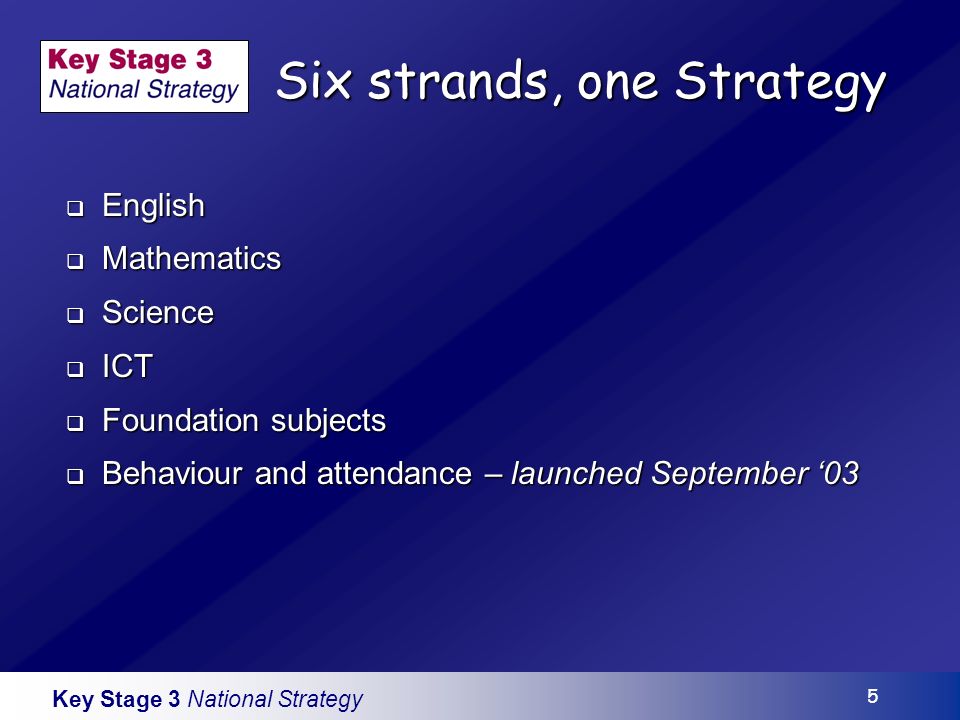 Key Stage 3 National Strategy 5 Six strands, one Strategy English English Mathematics Mathematics Science Science ICT ICT Foundation subjects Foundation subjects Behaviour and attendance – launched September 03 Behaviour and attendance – launched September 03